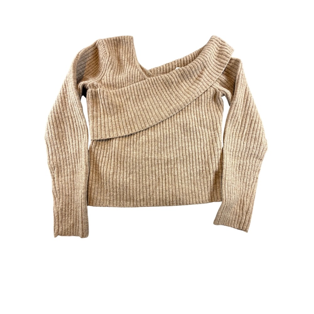 ASTR The Label Tan Ribbed Asymmetrical Off Shoulder Wrap Sweater Medium